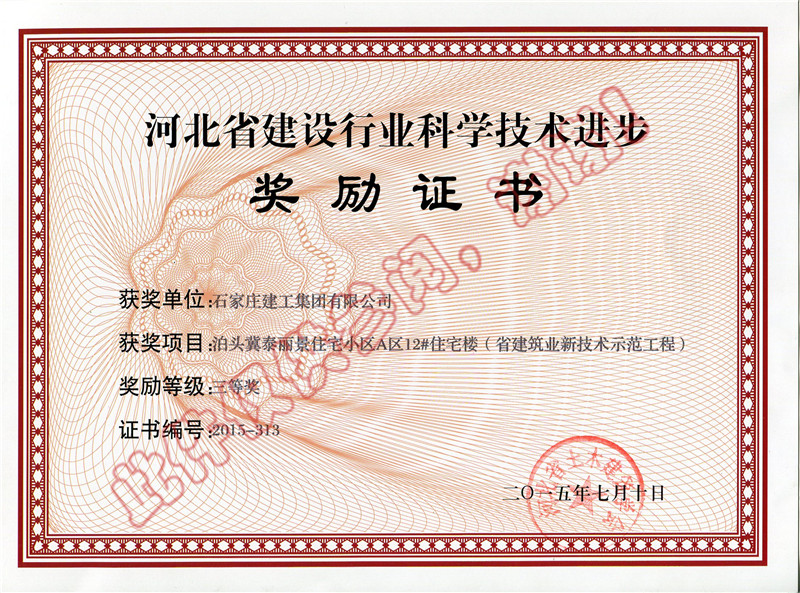 泊頭冀泰麗景住宅小區(qū)A區(qū)12#住宅樓三等獎(jiǎng)